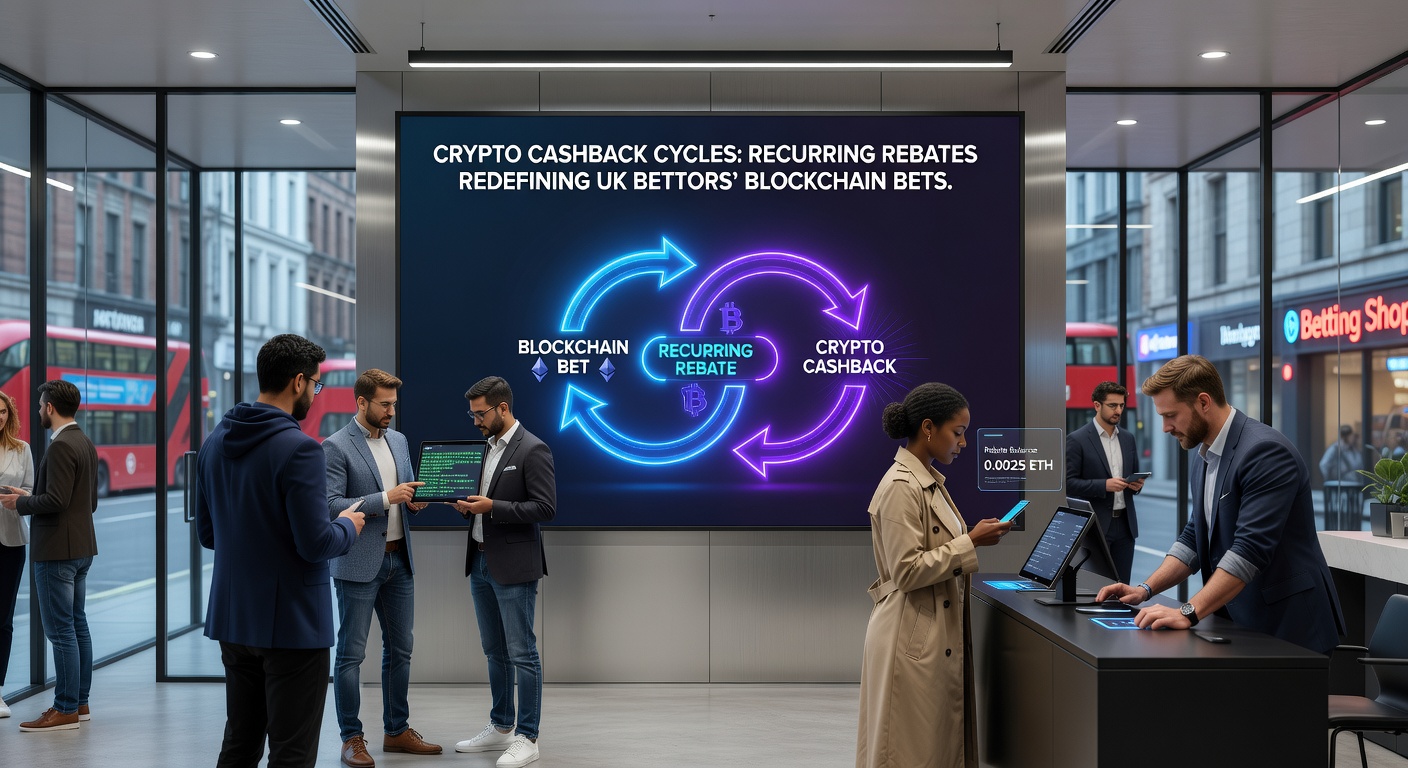 Graph depicting rising adoption of crypto cashback in UK betting, with cycles shown as looping arrows between wallets, bets, and rebates on a blockchain network
