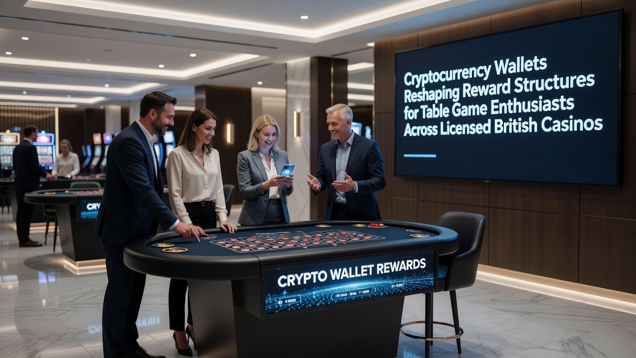 Close-up of cryptocurrency transaction confirmation screen next to poker chips and playing cards on a British casino table