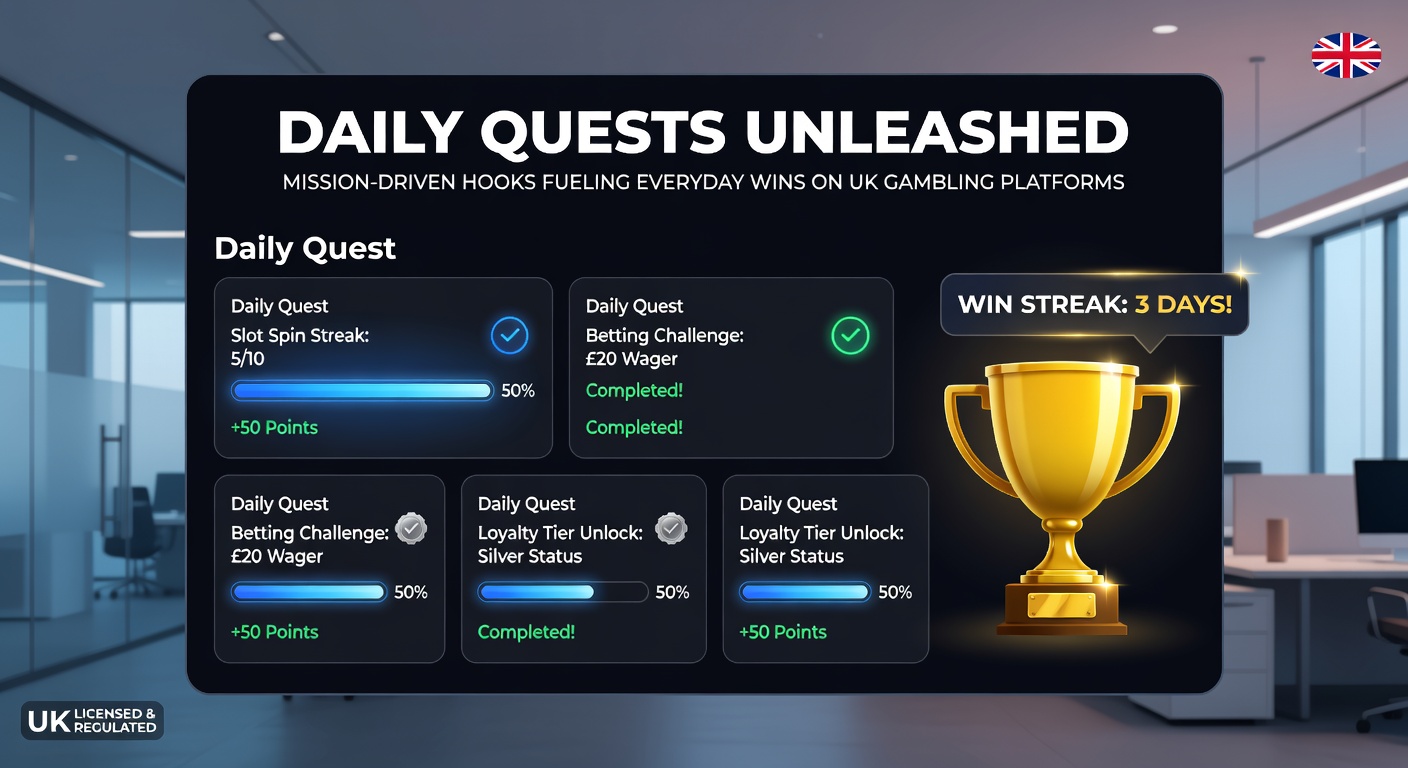 Close-up of a mobile gambling app displaying completed daily quests with reward notifications, including popping confetti effects, bonus credits added to balance, and a streak counter showing seven days active