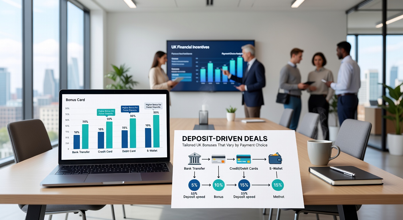 Infographic comparing bonus percentages across payment icons including cards at 200%, e-wallets at 100%, crypto at 300%, and bank transfers with cashback, set against a UK flag backdrop