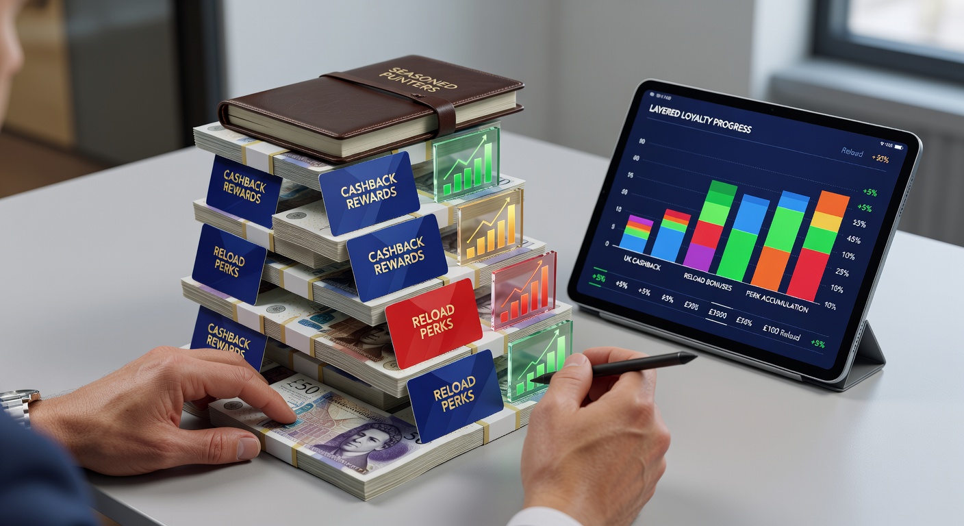 Infographic illustrating a stacking pyramid of cashback rebates, reload bonuses, and VIP tiers, with UK pound symbols and betting icons for visual strategy breakdown