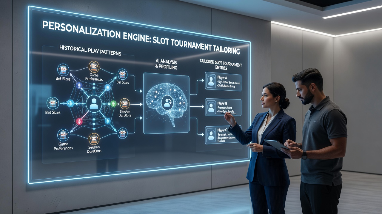 Flow diagram showing historical play data feeding into tournament entry personalization engines