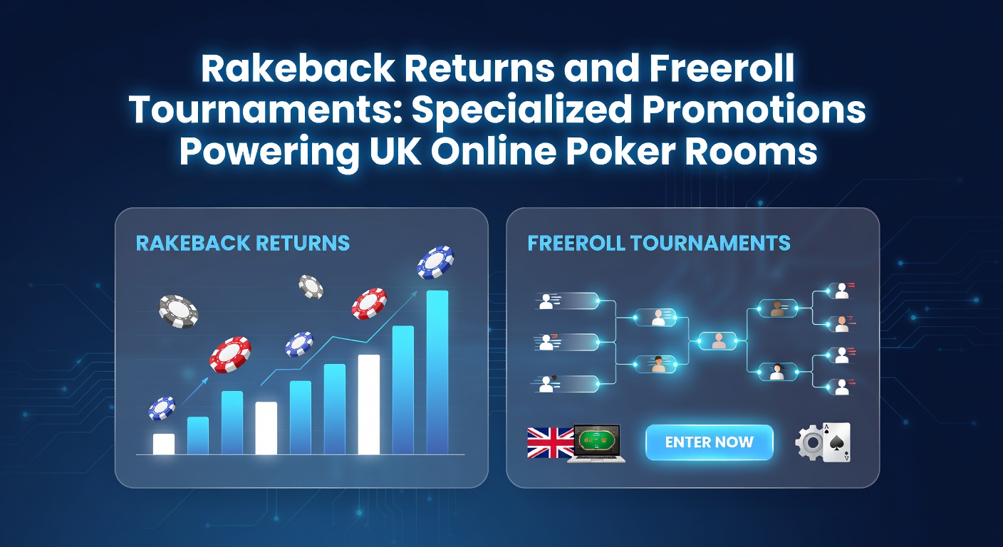 Close-up of a poker rakeback dashboard on a UK online poker site, showing percentage returns and player stats alongside freeroll entry buttons