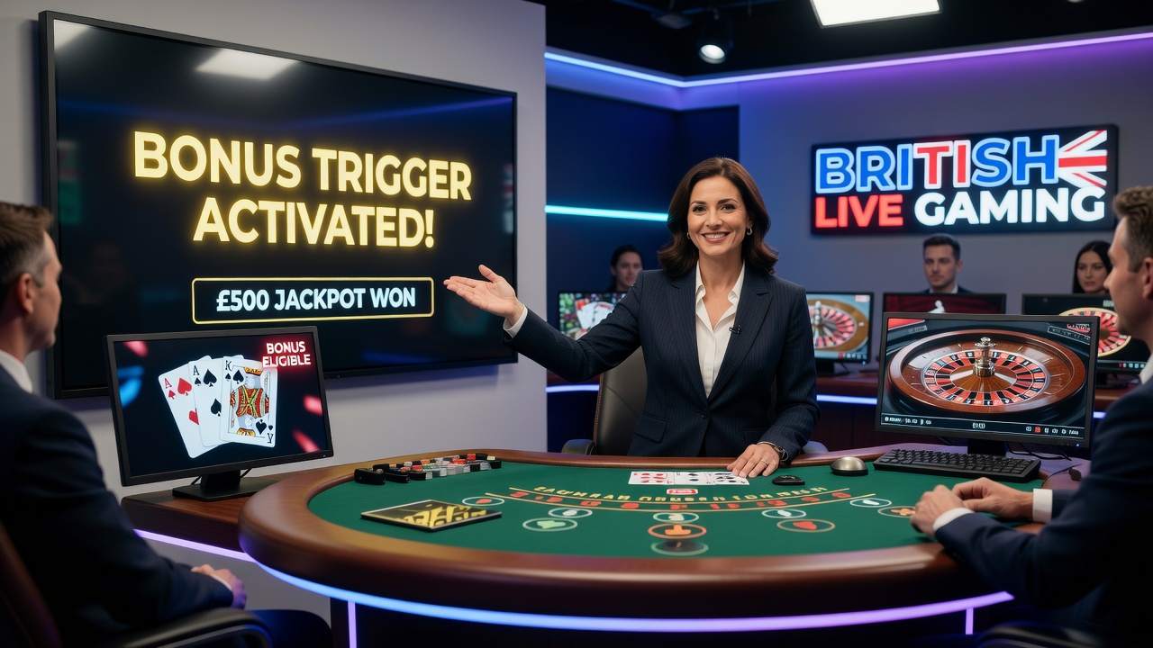 British live casino studio showing multiple dealer tables with real-time bonus notification overlays on player screens