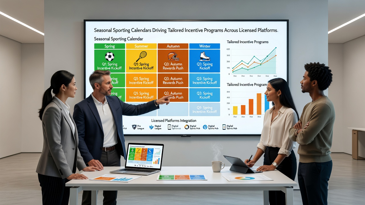 Illustration of seasonal sports events mapped to incentive program tiers on a licensed platform interface