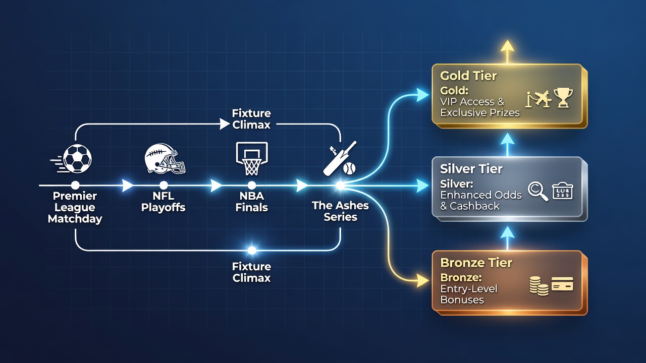 Timeline graphic displaying reward tier escalations matched against key dates in football, tennis, and basketball calendars for licensed operators