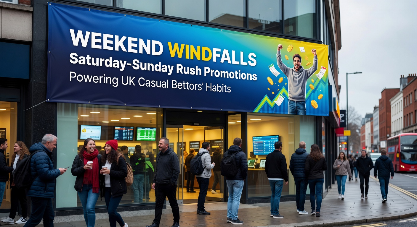 Mobile screen displaying a Saturday-Sunday betting promotion with boosted odds and free spins offers during a live Premier League match